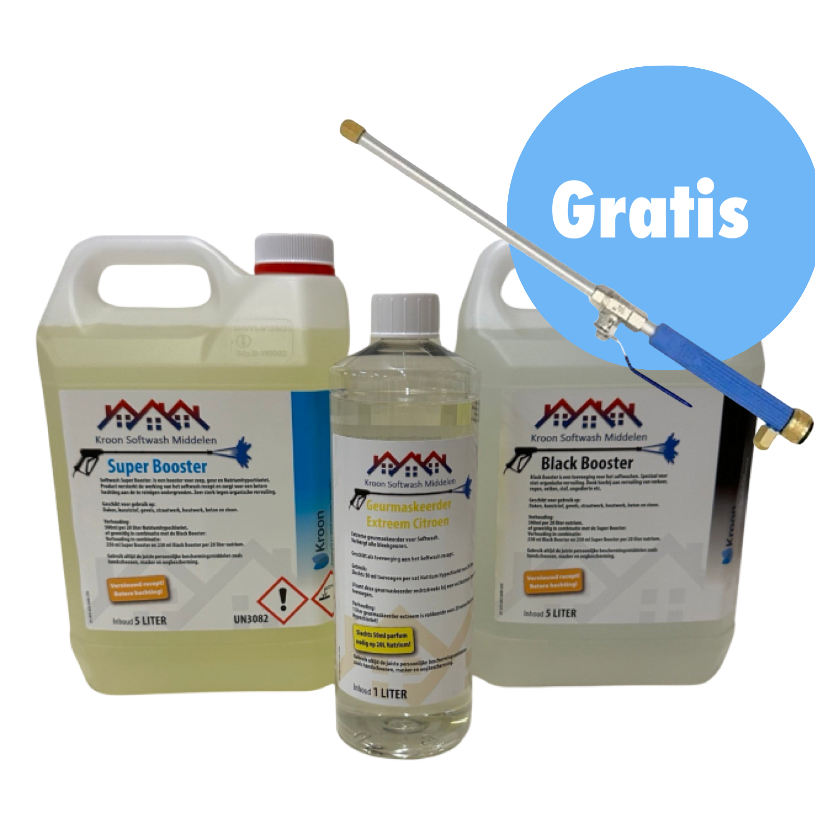 Softwash Middelen Booster + Geurmaskeerder Extreem Citroen Pakket + Gratis Gardena Lans