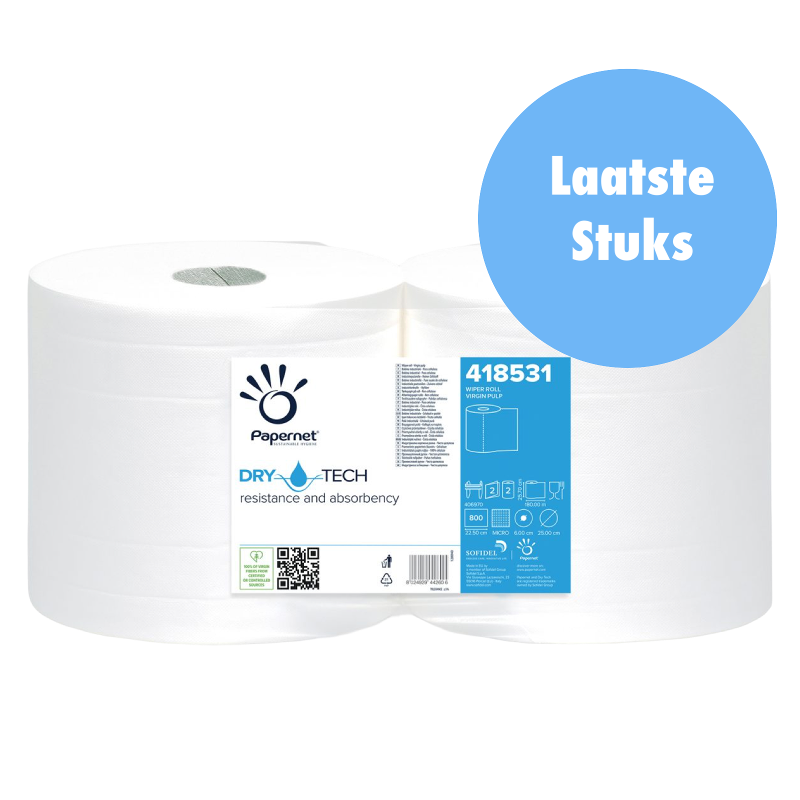 Papernet Industrierol, 2 rollen a 180 meter