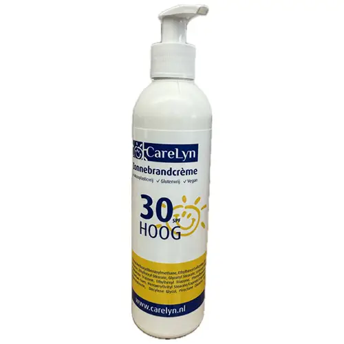 Flesje-met-pompE28093-250-ML-gevuld.jpg Zonnebrandcrème SPF30 fles 250 ml
