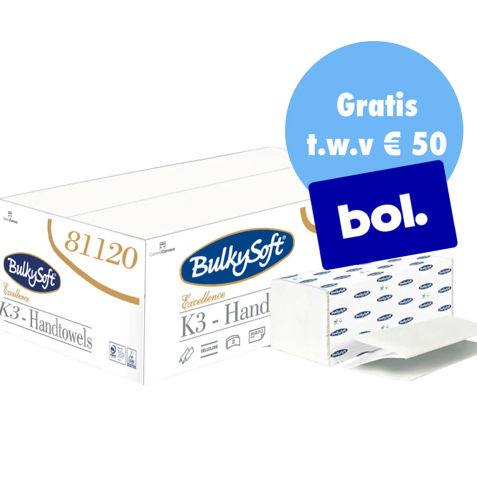 Bulkysoft K-fold Handdoek BulkySoft® Handdoekpapier K3 – 2-laags Cellulose (3200 stuks) – 40 stuks – € 29,95 p/doos PALLETDEAL!