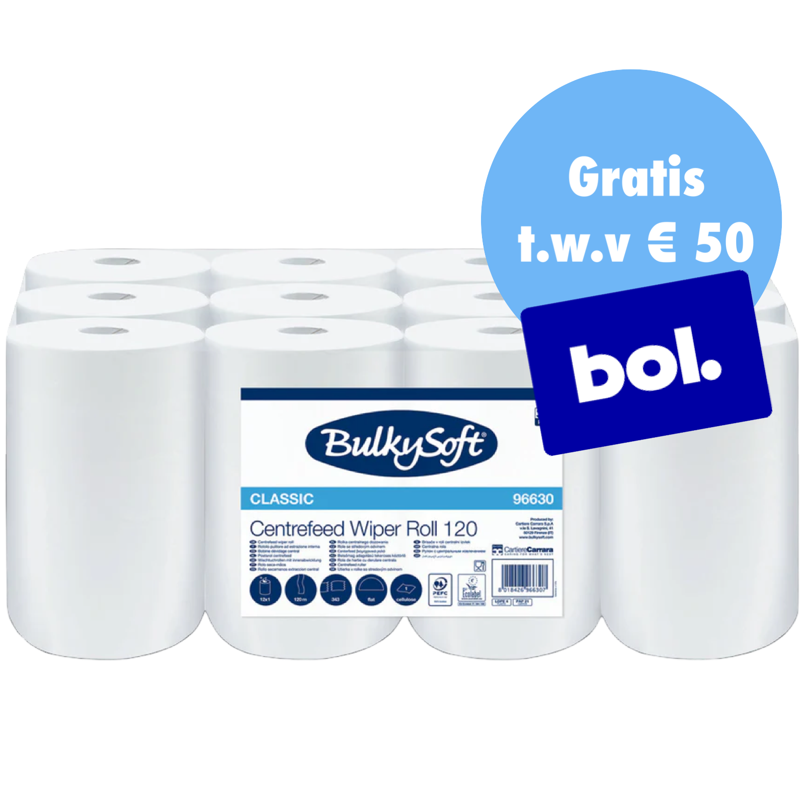 BulkySoft® Poetsrol Mini – 1-laags Ultra Cellulose (12 rollen a 120 meter) – 60 stuks – € 22,95 p/pak PALLETDEAL!