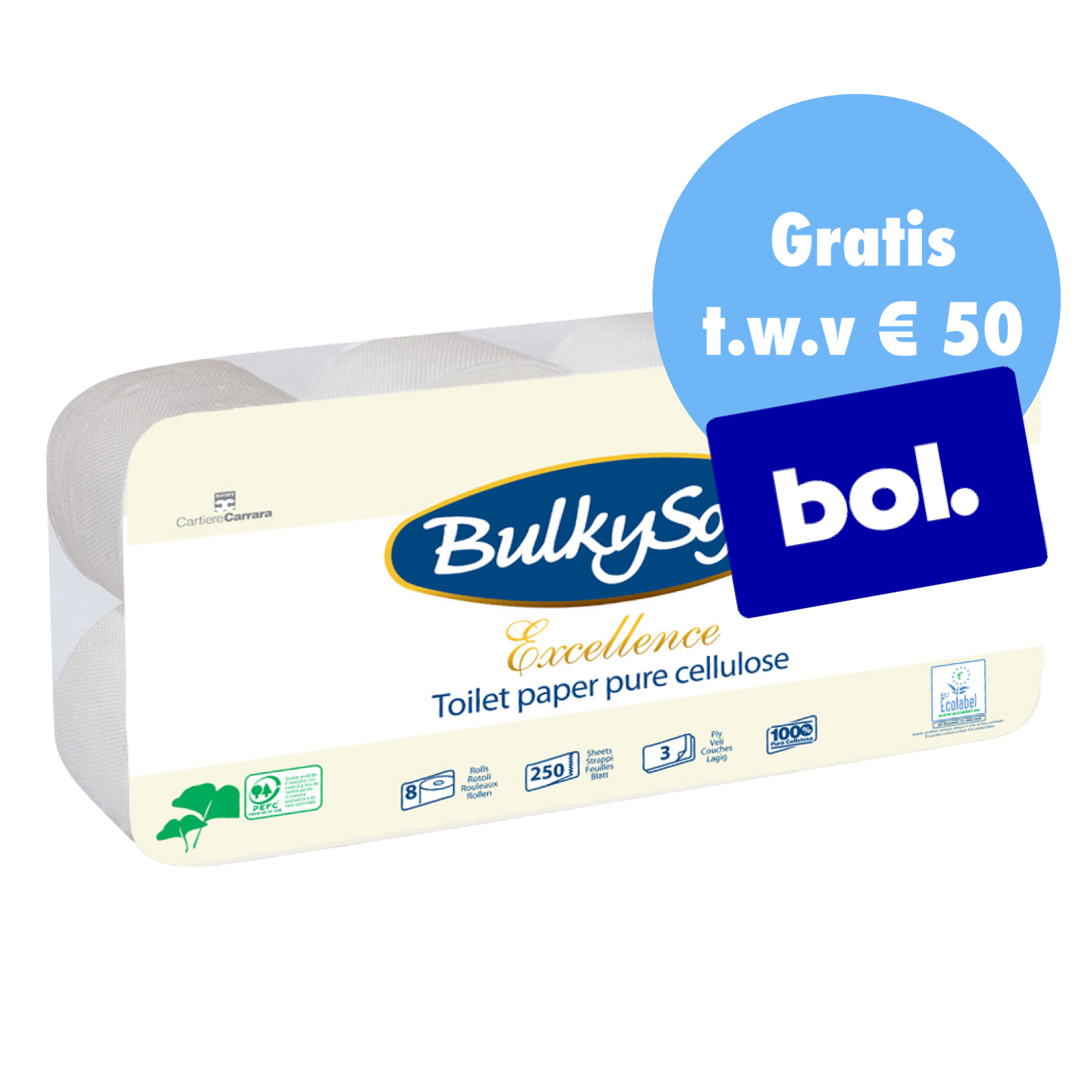 BulkySoft Toiletpapier Traditioneel Cellulose 72 Rollen a 250 vel 3-laags – 36 Pakken – € 29,95 p/pak PALLETDEAL!