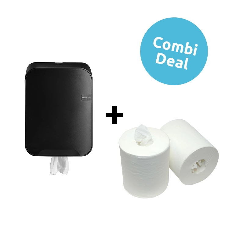 QuartzLine Poetsroldispenser Zwart + Poetsrol 1 laags 6 rollen 300 meter